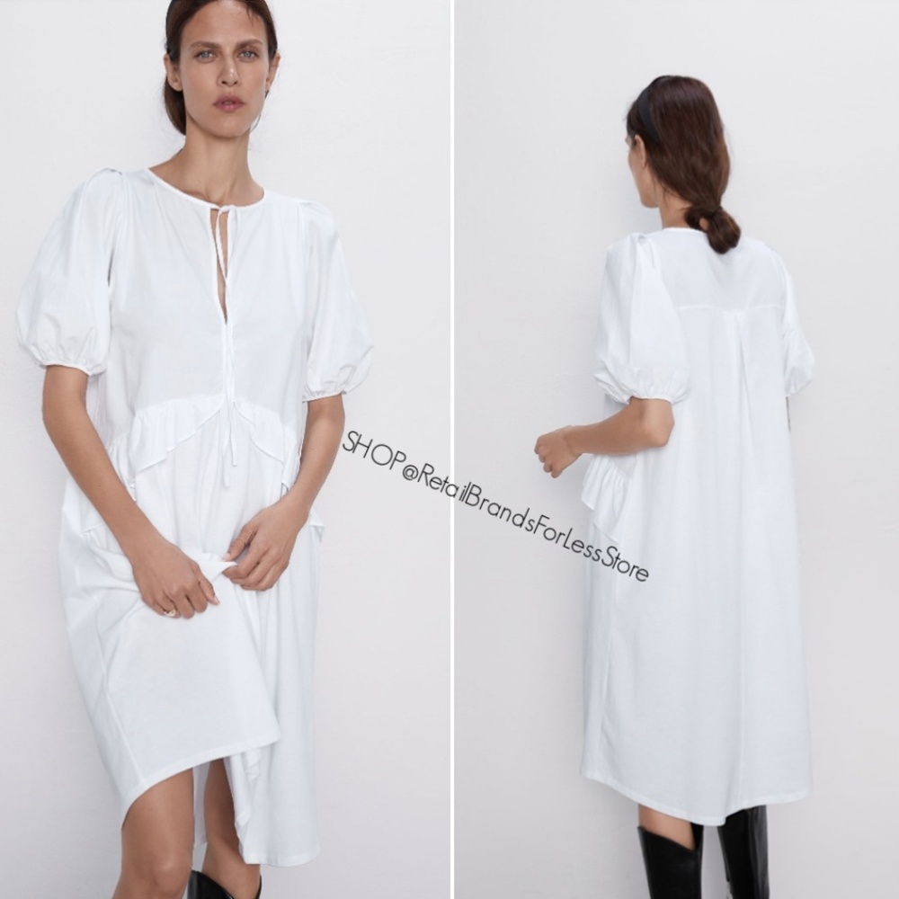 ZARA WHITE KEYHOLE TIE FRONT MIDI RUFFLED DRESS